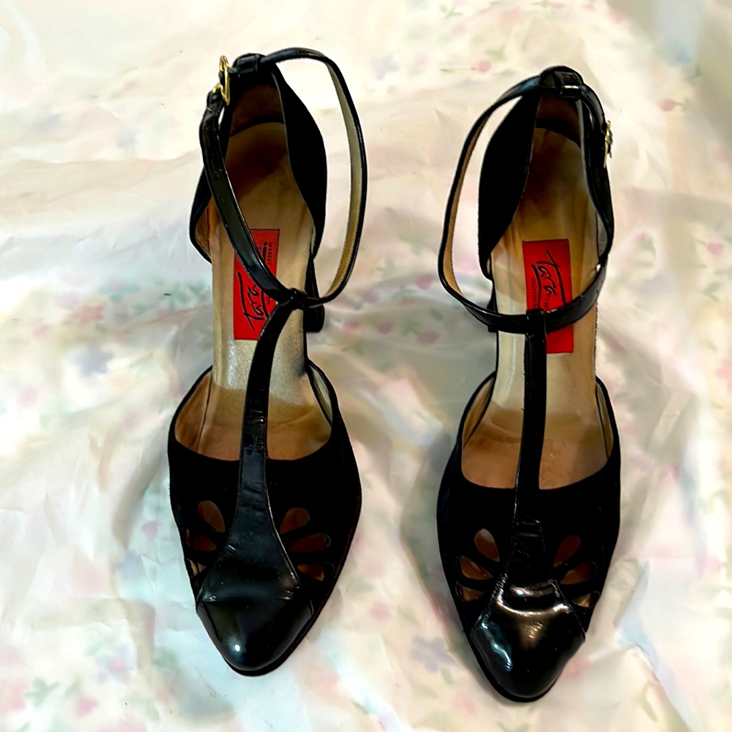 Tara Tango T Strap Closed Patent Leather Toe And Black Suede, Dance Shoes